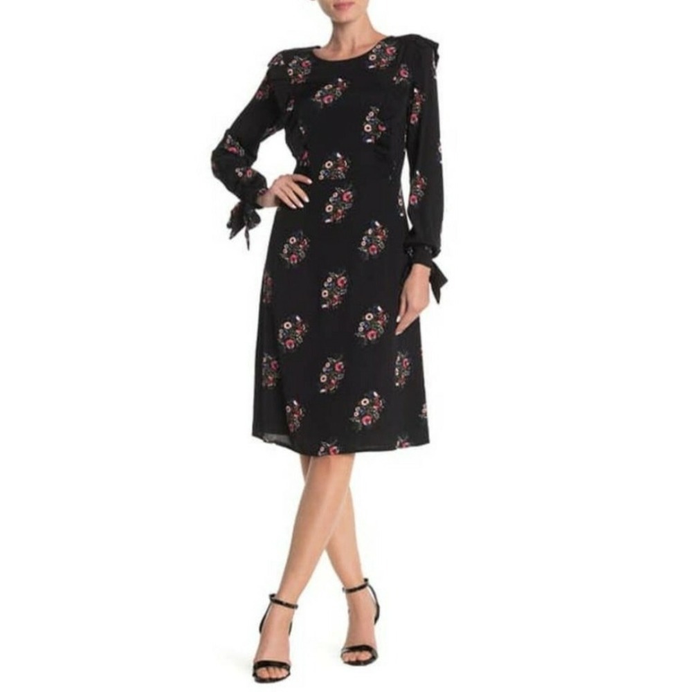 Frnch Dress Medium / Large Black Floral Print Long Sleeve Midi Viscose Twee Work